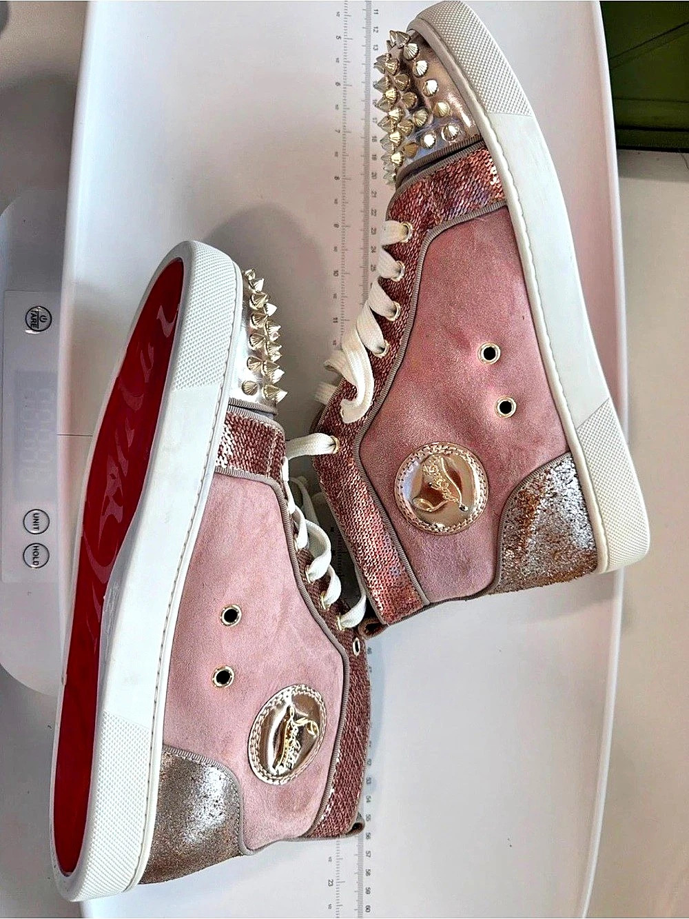 Christian Louboutin Pink & Silver Spiked High-Top Sneakers EU 40